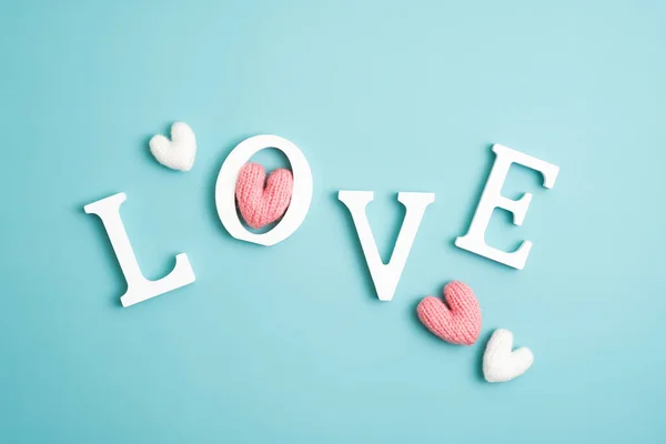 Happy Valentines Day Creative Layout Love Word Knitted Hearts Blue — Stockfoto