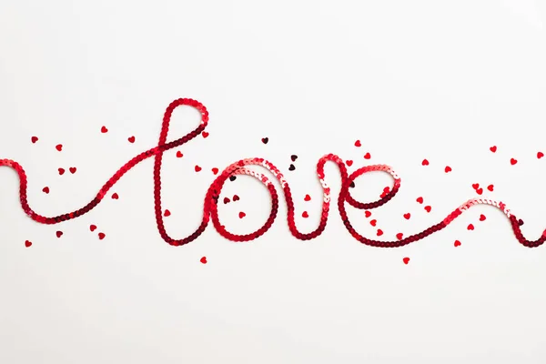 Happy Valentines Day Concept Word Love Made Red Ribbon Confetti — Stockfoto