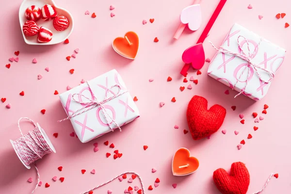 Happy Valentines Day Concept Flat Lay Composition Gift Boxes Red — Stockfoto