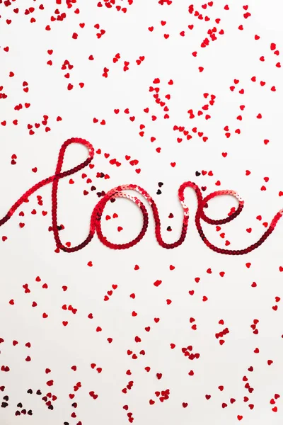 Red Ribbon Sign Love Confetti White Background Happy Valentines Day — Φωτογραφία Αρχείου