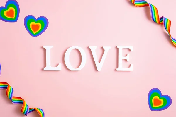 Rainbow Ribbons Hearts Word Love Pink Background Lgbtq Lgbt Valentines — Stock Photo, Image