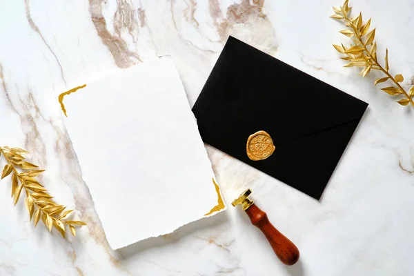 Luxury Wedding Invitation Card Mockup Black Envelope Gold Wax Seal Stock Image