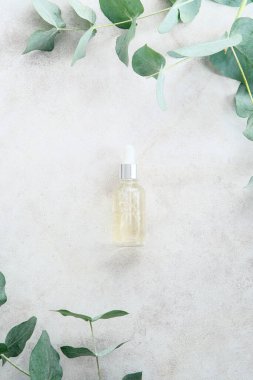 Serum losyonlu şeffaf damlalık şişesi ya da okaliptüs yapraklı taş masanın üzerinde gerekli yağ. Cilt bakımı kozmetik kavramı.