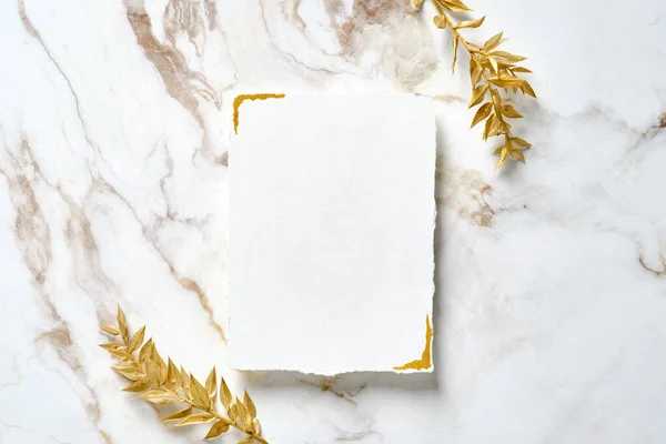 Blank Paper Card Golden Floral Branches Marble Table Wedding Invitation Stock Image