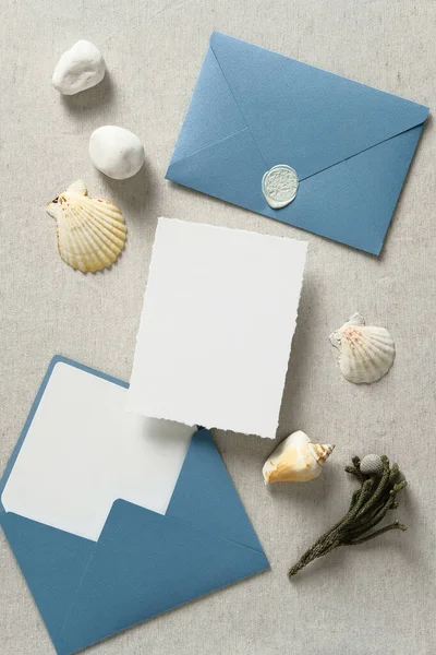 Nautische Bruiloft Briefpapier Set Flat Lay Bruiloft Uitnodiging Kaart Mockup — Stockfoto