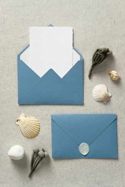 Papeterie Mariage Dans Style Nautique Carte Invitation Mariage Enveloppes Bleues — Photo