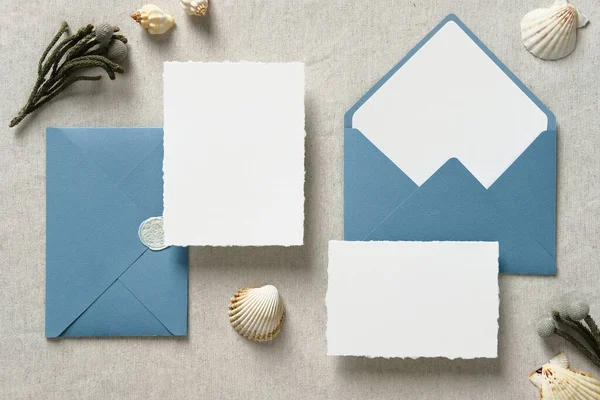 Ensemble Papeterie Mariage Style Nautique Invitations Mariage Plat Enveloppes Bleues — Photo