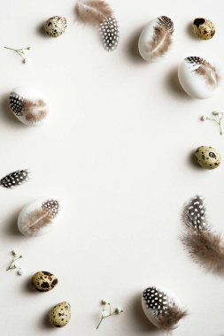 Paskalya düzlüğü kompozisyonu. Beyaz arka planda tüyleri olan Paskalya yumurtaları. Mutlu Paskalya kartı tasarımı, dikey pankart şablonu.