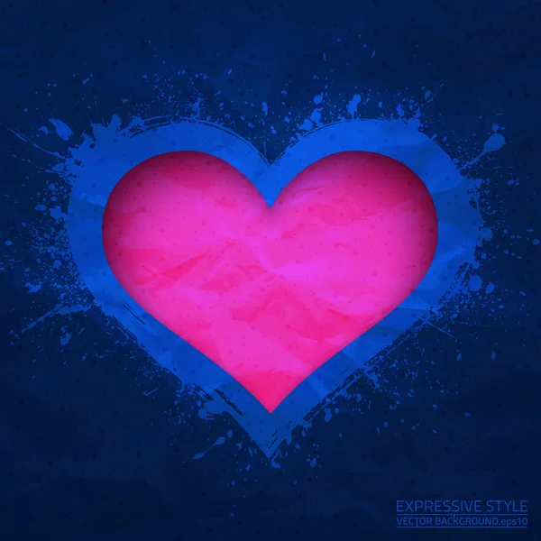Creased old vector blue paper with cut pink heart background — Stock Vector