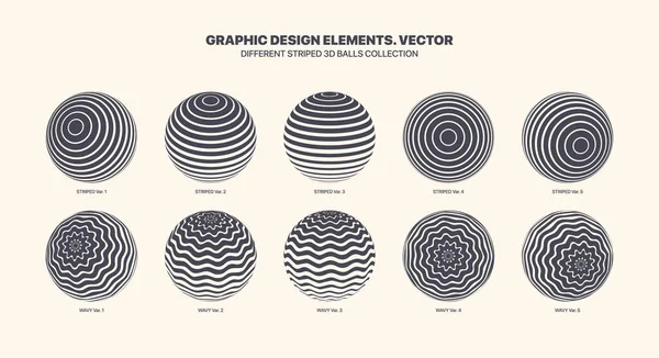 Diverse Gestreepte Vector 3D bal met rechte en golvende lijnen patroon set — Stockvector