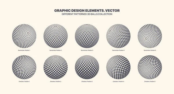 Bolas diferentes do vetor 3D das posições com a textura do meio-tom do verificador e do semicírculo — Vetor de Stock