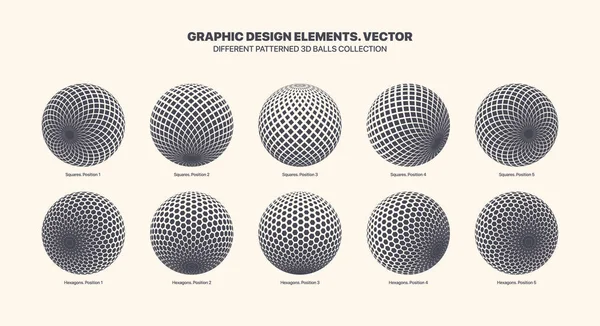 Different Positions Vector 3D Balls With Square And Hexagon Halftone Texture — Stock Vector