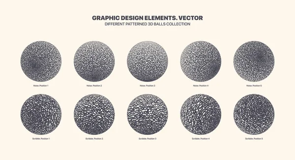 Boules 3D vectorielles de différentes positions avec la texture de demi-teinte de bruit et de gribouillage — Image vectorielle