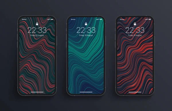 Diferentes variaciones Vivid Distorted Striped Wallpaper Set en la pantalla del teléfono inteligente — Vector de stock