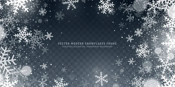 Vector copos de nieve modernos y luces marco superposición sobre fondo transparente — Vector de stock
