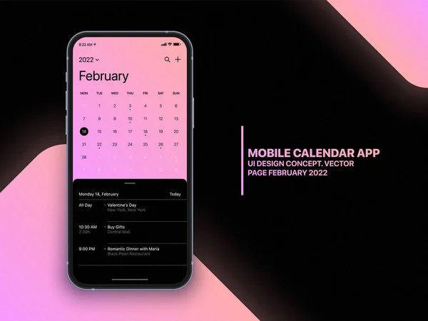 ( 영어 ) Mobile Calendar App UI Concept on Realistic Smartphone Screen Vector Mockup — 스톡 벡터