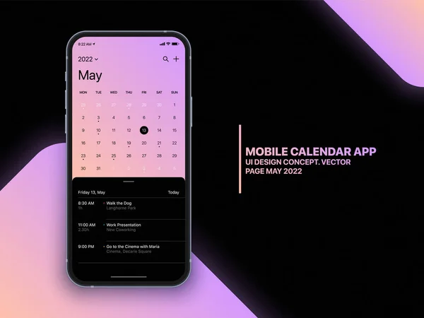 ( 영어 ) Mobile Calendar App UI Concept on Realistic Smartphone Screen Vector Mockup — 스톡 벡터