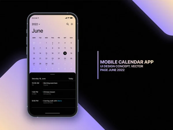 Mobiele Agenda App UI Concept op realistische Smartphone Screen Vector Mockup — Stockvector