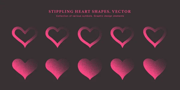 Stipple Pink Heart Shape Vector Sammlung von verschiedenen gepunkteten Symbolen auf Schwarz — Stockvektor