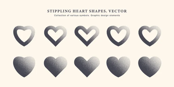 Stipple Heart Shape Vector Sammlung von verschiedenen gepunkteten Symbolen auf hellem Hintergrund — Stockvektor