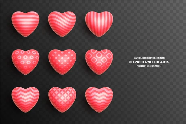 Realistische 3D Vector Diverse Patroon Rode Hart Set Geïsoleerd Op Achtergrond — Stockvector