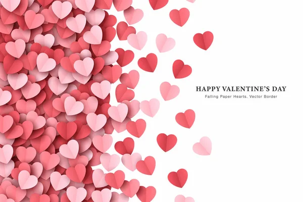Scattered Papercut Heart Confetti Vector Valentines Day Border Isolated On White — Stock Vector
