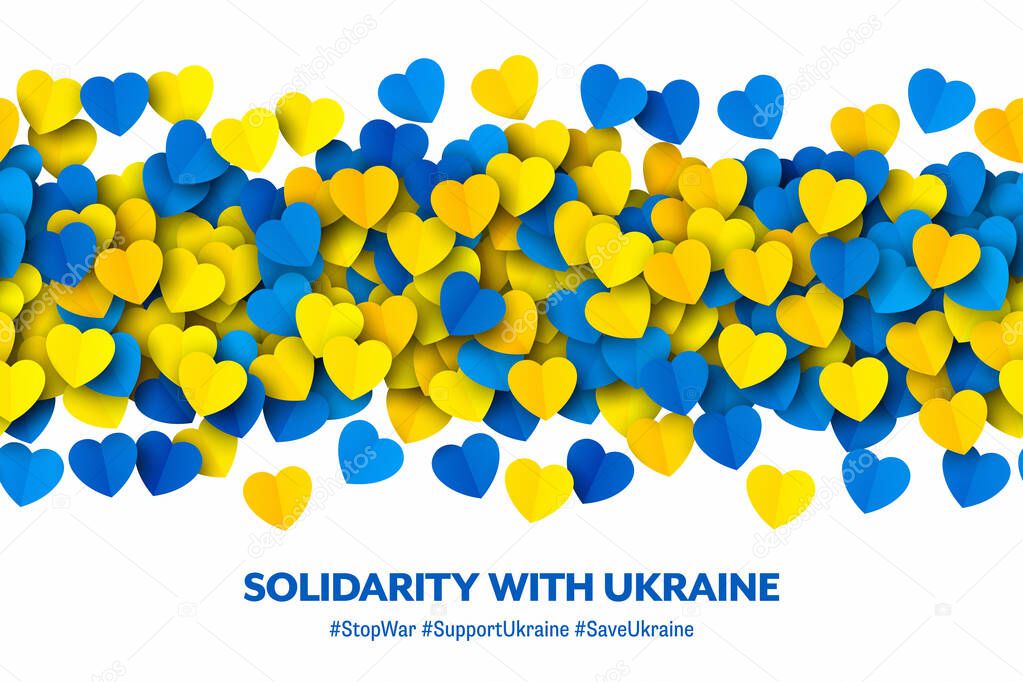 Solidarity With Ukraine Vector Yellow Blue Paper Hearts Seamless Border On White