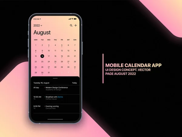 ( 영어 ) Mobile Calendar App UI Concept on Realistic Smartphone Screen Vector Mockup — 스톡 벡터