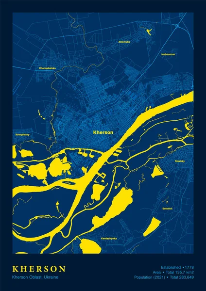 Cherson Map Vector Poster Hochdetaillierte Karte in gelbblauen Farben — Stockvektor