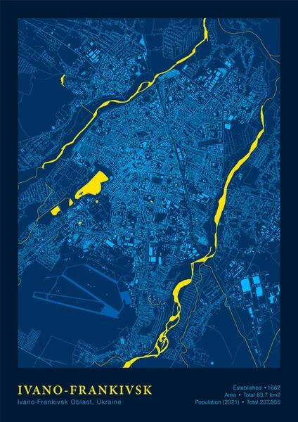 Ivano-Frankivsk地图矢量海报黄蓝色的高度详细地图 — 图库矢量图片