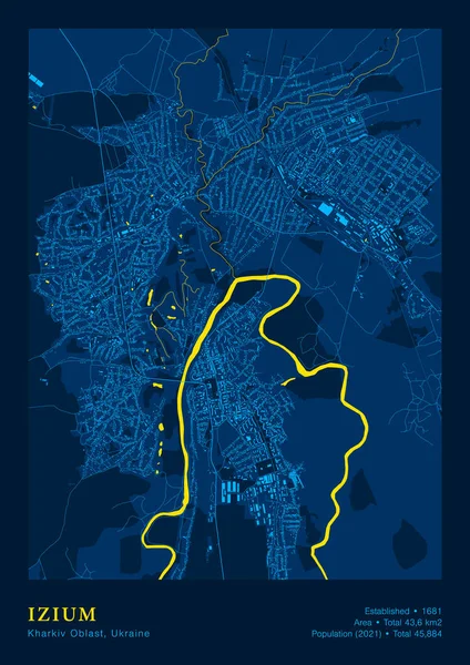 Mapa de Izium Vector Poster Mapa altamente detallado En los colores azules amarillos nacionales — Archivo Imágenes Vectoriales