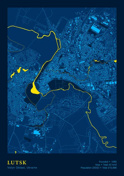Lutsk karta vektor affisch Mycket detaljerad karta i patriotiska gula blå färger — Stock vektor