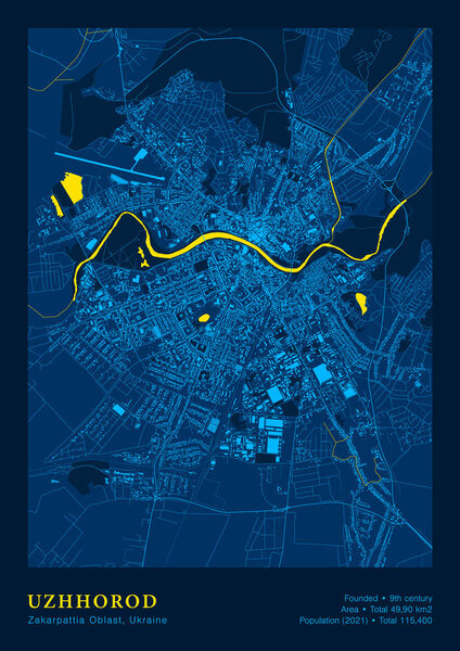 Uzhhorod Map Vector Poster Highly Detailed Map In Patriotic Yellow Blue Colours