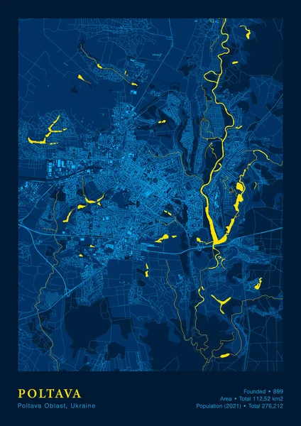 Poltava Map Vector Poster Highly Detailed Map In Patriotic Yellow Blue Colours — Archivo Imágenes Vectoriales