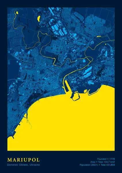 Mariupol térkép vektor poszter Nagyon részletes térkép nemzeti sárga kék színekben — Stock Vector