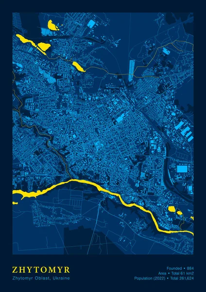 Zhytomyr地图矢量海报高度详细的爱国黄色蓝色地图 — 图库矢量图片