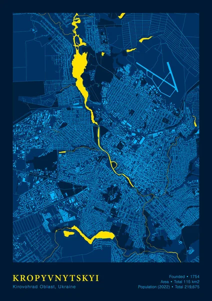 Mapa de Kropyvnytskyi Vector mapa altamente detallado en colores azules amarillos nacionales — Archivo Imágenes Vectoriales