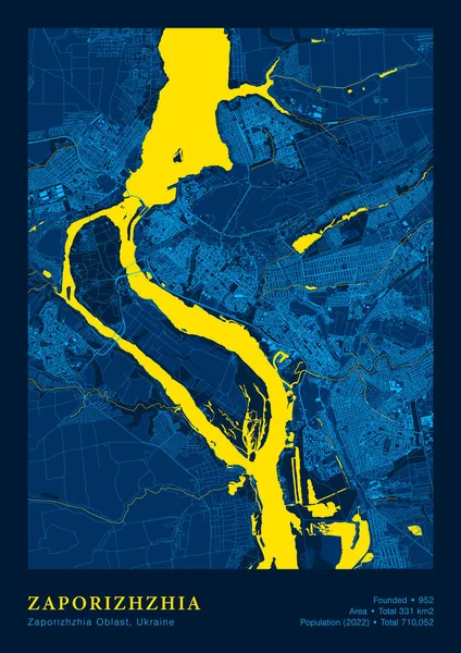 Zaporizhzhia Map Vector Poster High Detailed Map In National Yellow Blue Colours — Image vectorielle