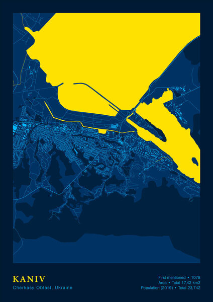 Town Kaniv Map Vector Poster High Detailed Map In National Yellow Blue Colours