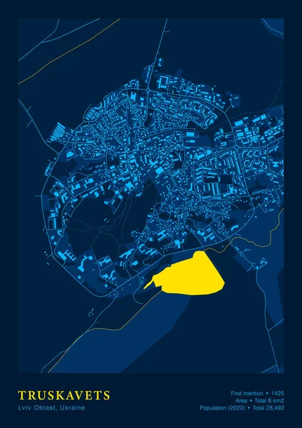 Town Truskavets Map Vector Plakát Podrobná mapa v národní žluté modré barvě — Stockový vektor