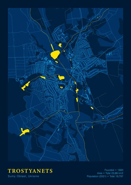 Mapa de Trostyanets da cidade Vector Poster Mapa detalhado na cor azul amarelo nacional — Vetor de Stock