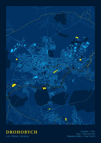 Drohobych Mapa Vektor Plakát Vysoká podrobná mapa v národní žluté modré barvy — Stockový vektor