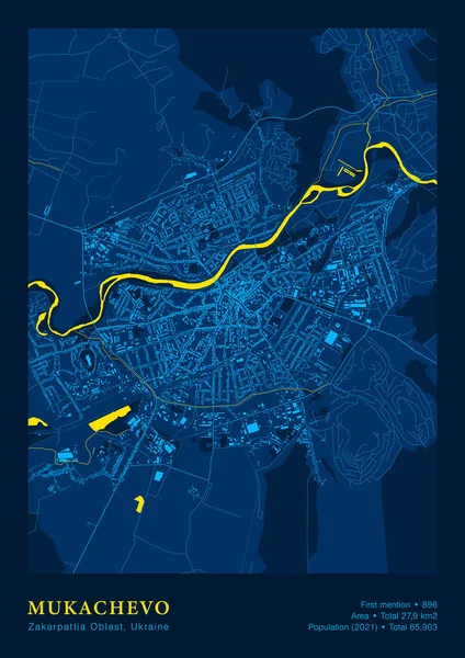 Mapa de cidade Mukachevo Vector Poster Mapa detalhado na cor azul amarelo nacional — Vetor de Stock