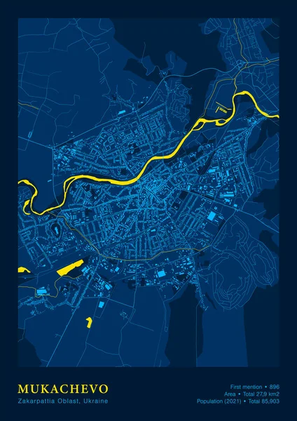 Town Mukachevo Map Vector Poster Detailed Map In National Yellow Blue Color — Archivo Imágenes Vectoriales