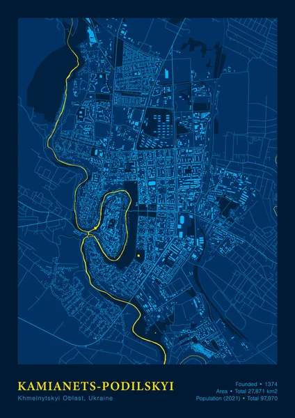 Kamianets-Podilskyi Map Vector Poster Detailed Map In National Yellow Blue Color — Archivo Imágenes Vectoriales