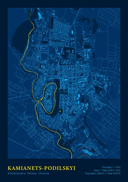 Mapa detallado del cartel vectorial de Kamianets-Podilskyi en color azul amarillo nacional — Archivo Imágenes Vectoriales