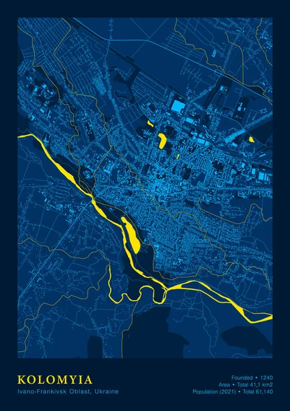 Kolomyia Map Vector Poster High Detailed Map In National Yellow Blue Colours — Image vectorielle
