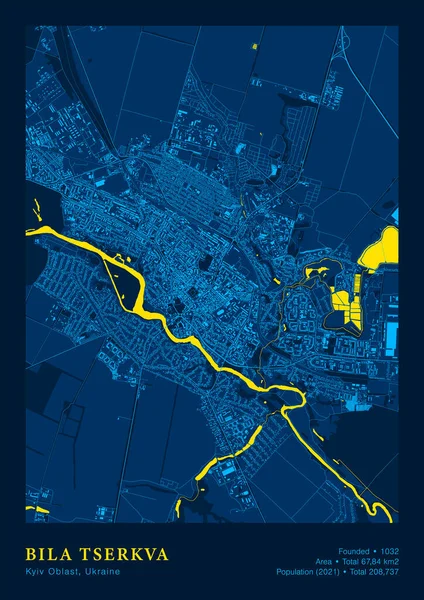 Mapa de Bila Tserkva Vector Poster Mapa detalhado em cores azuis amarelas nacionais — Vetor de Stock