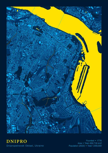 Mapa de City Dnipro Vector Poster Mapa detalhado em cores azuis amarelas nacionais —  Vetores de Stock