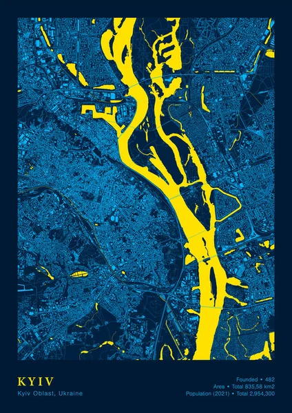 Město Kyjev Mapa Vektor Plakát Vysoká Podrobná mapa v národní žluté modré barvy — Stockový vektor